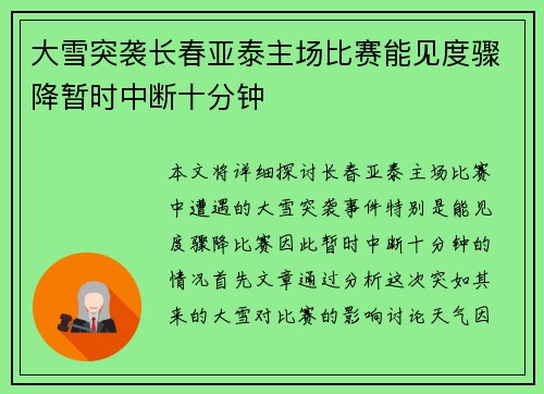 大雪突袭长春亚泰主场比赛能见度骤降暂时中断十分钟